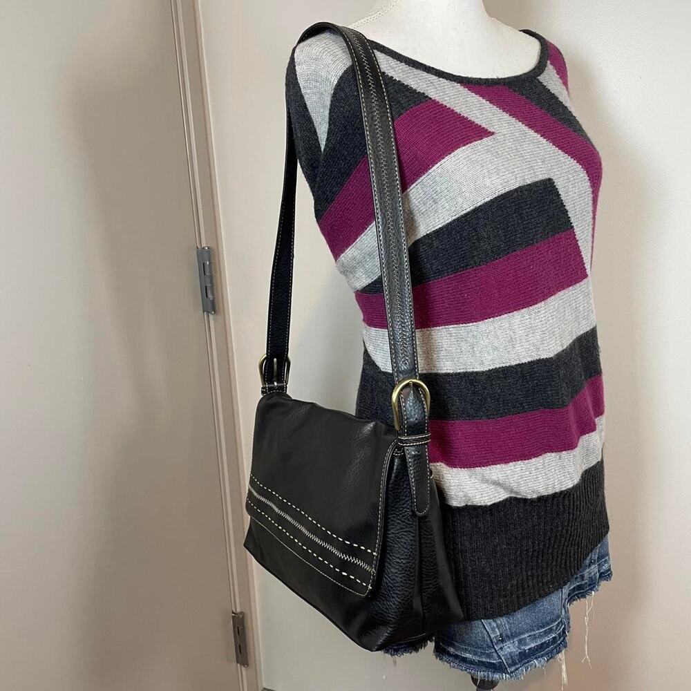 Liz Claiborne Black Faux Leather Flap over Crossbody Bag with white stitching